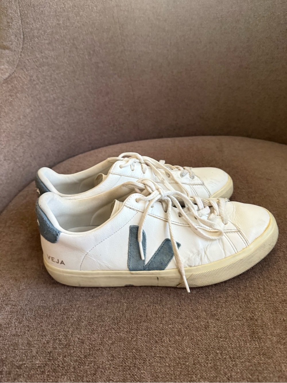 Veja White Leather Sneakers with Gray 'V' Accent